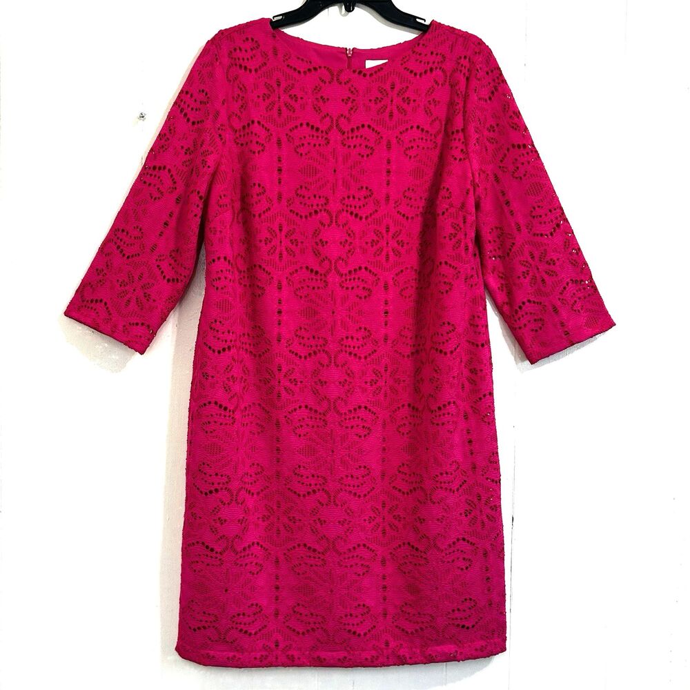 CHICO'S Europa Hot Pink Lace Dress Size L Overlay Lined Shift Dress 3/4 Sleeves